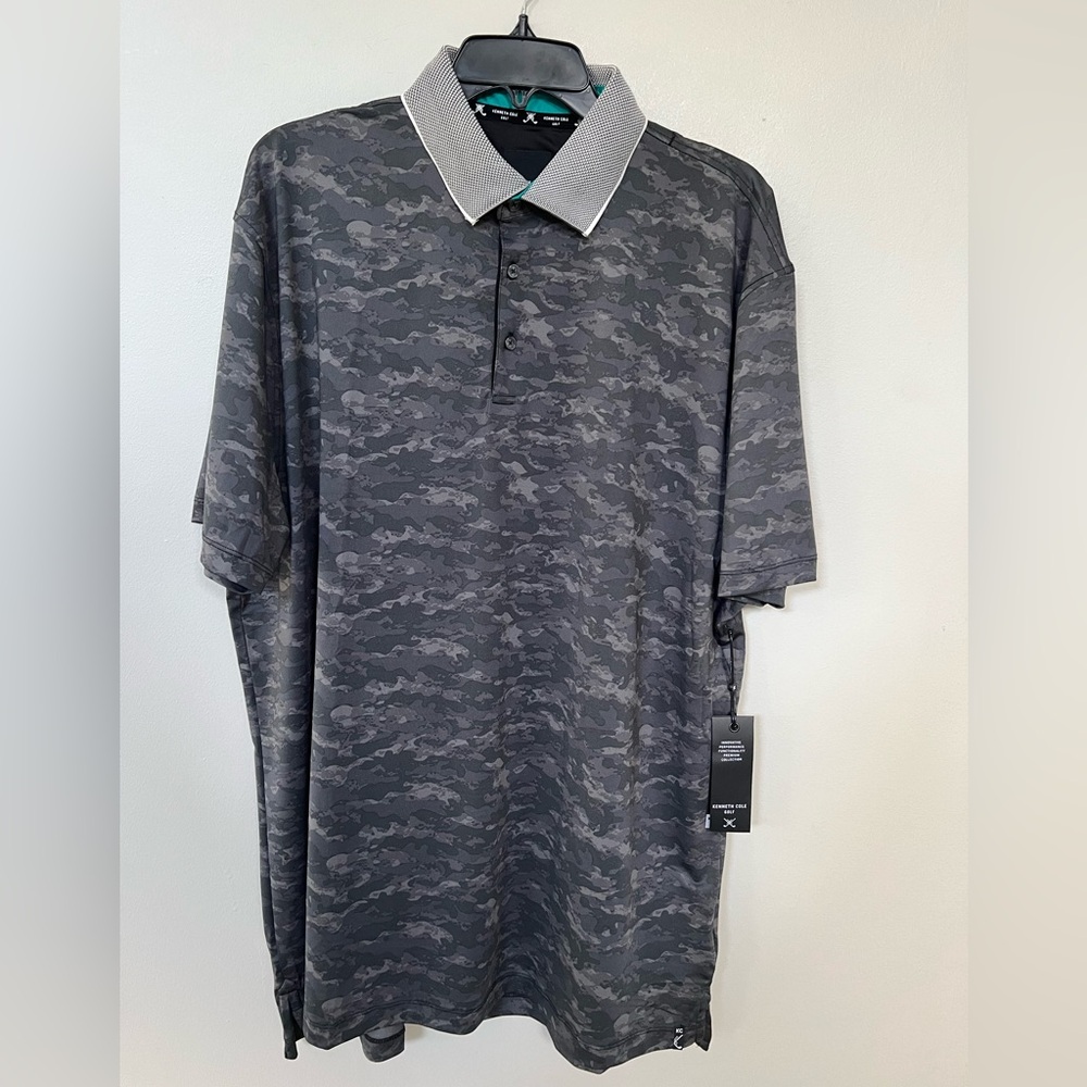 Kenneth Cole Camo Polo Golf Shirt Men Size 1X Black with Contrast Collar NWT